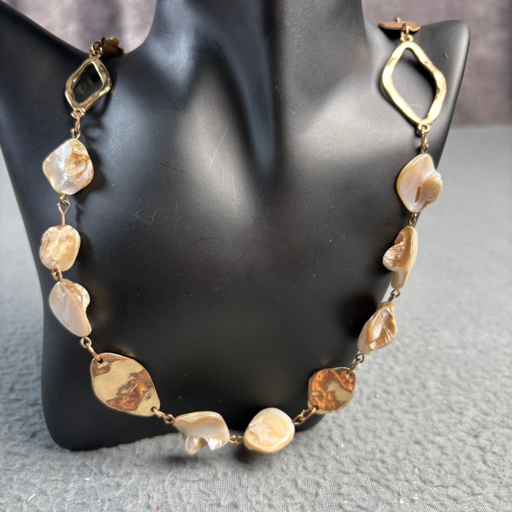 Gold Tone Mother of Pearl Shell Station Long Necklace Faux Suede Cord 36 Inch